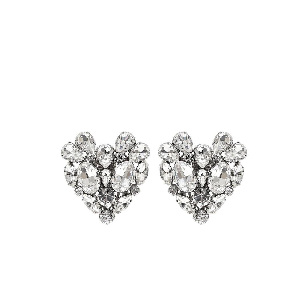 Alessandra Rich - Silvertone Crystal Heart Stud Clip-On Earrings
